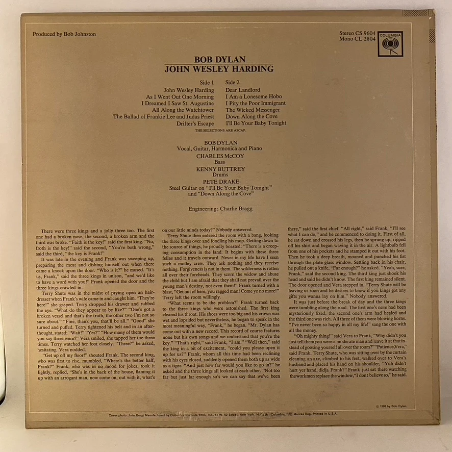 Bob Dylan – John Wesley Harding LP USED VG+/VG++ 1967 Original Pressing - Image 2